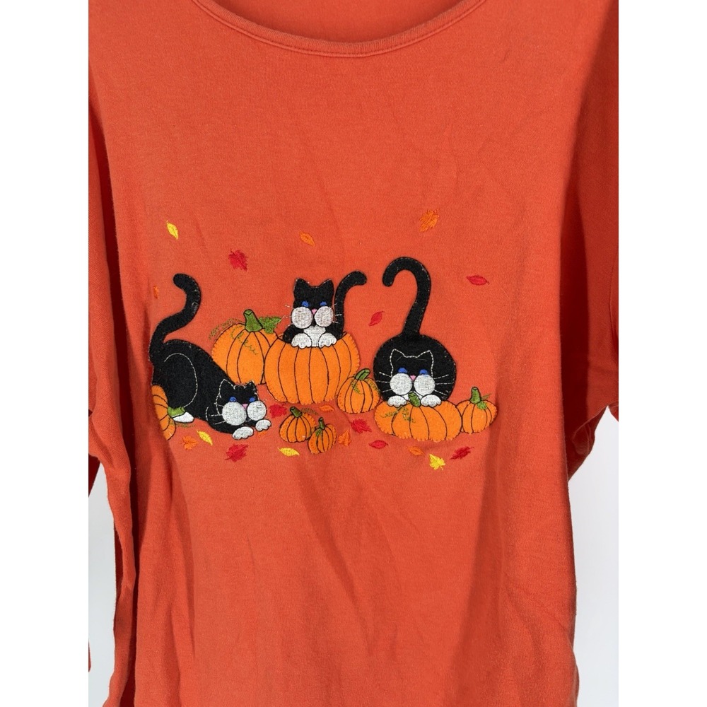 vtg y2k halloween black cat pumpkin embroidered top womens 1x orange fall autumn - Picture 3 of 7